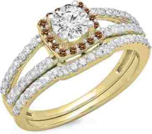 14K Gold Champagne & White Diamond Halo Bridal Engagement Ring Set 1 CT.