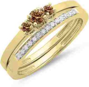 Gold Round Champagne & White Diamond Bridal Engagement 3 Stone Ring